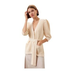 Adam Lippes x RTR Tie Waist Cardigan Sweater Ivory Wool-Blend Ribbed Knit XS